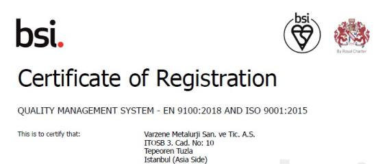 Varzene Metal's Updated AS 9100 Certificate